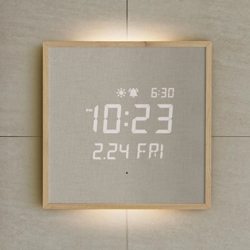 Wooden Frame LED Silent Wall Clock With Remote, Backlit Nightlight, Modern Digital LED Wall Clock Display Sunrise Alarm