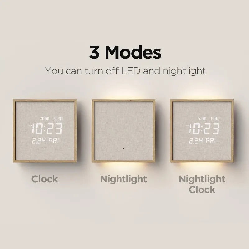 Wooden Frame LED Silent Wall Clock With Remote, Backlit Nightlight, Modern Digital LED Wall Clock Display Sunrise Alarm