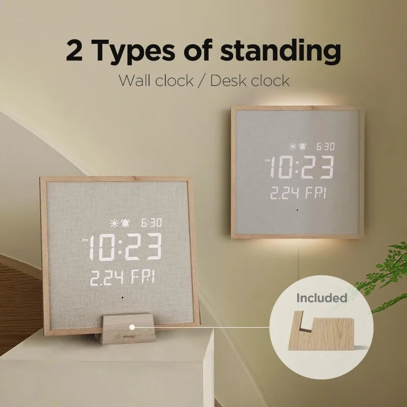 Wooden Frame LED Silent Wall Clock With Remote, Backlit Nightlight, Modern Digital LED Wall Clock Display Sunrise Alarm