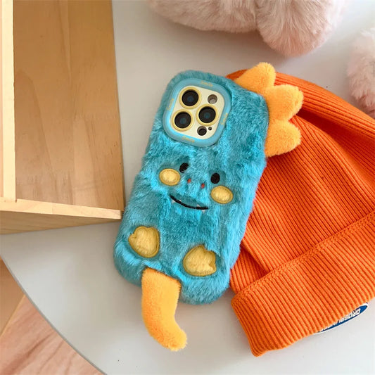 3D Cartoon Monster Lens Bracket Fluffy Plush Phone Case For iPhone 17 Air 16 15 14 13 12 11 Pro Max Shockproof Protective Cover