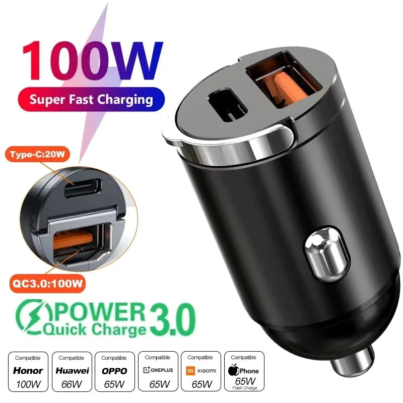 2025 Mini 100W PD QC Pull Ring Fast Charging Car Charger USB C Car Phone Charger Adapter For iPhone Xiaomi Samsung Huawei