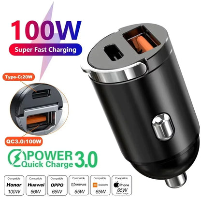 2025 Mini 100W PD QC Pull Ring Fast Charging Car Charger USB C Car Phone Charger Adapter For iPhone Xiaomi Samsung Huawei